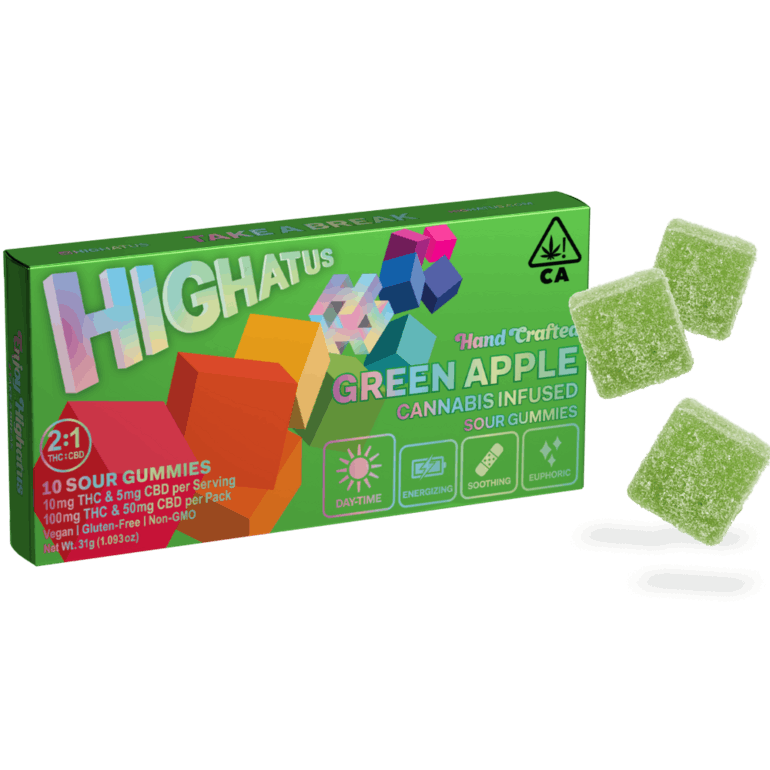 HIGHATUS - Sour Green Apple 2:1 THC:CBD 10pk Gummies - 100mg/50mg - Edible image 1